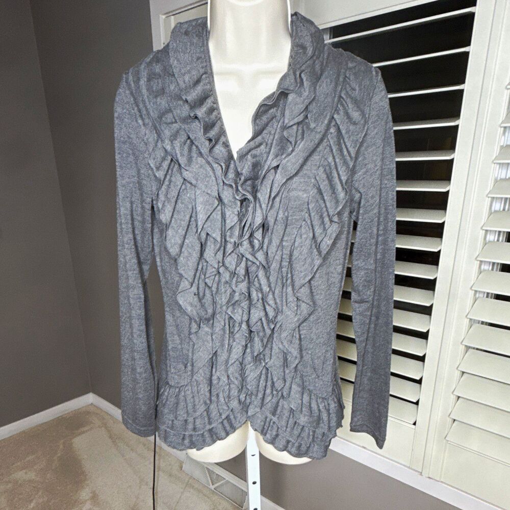 Christopher & Banks Gray Ruffle Front Knit Cardigan Stretch Sz S